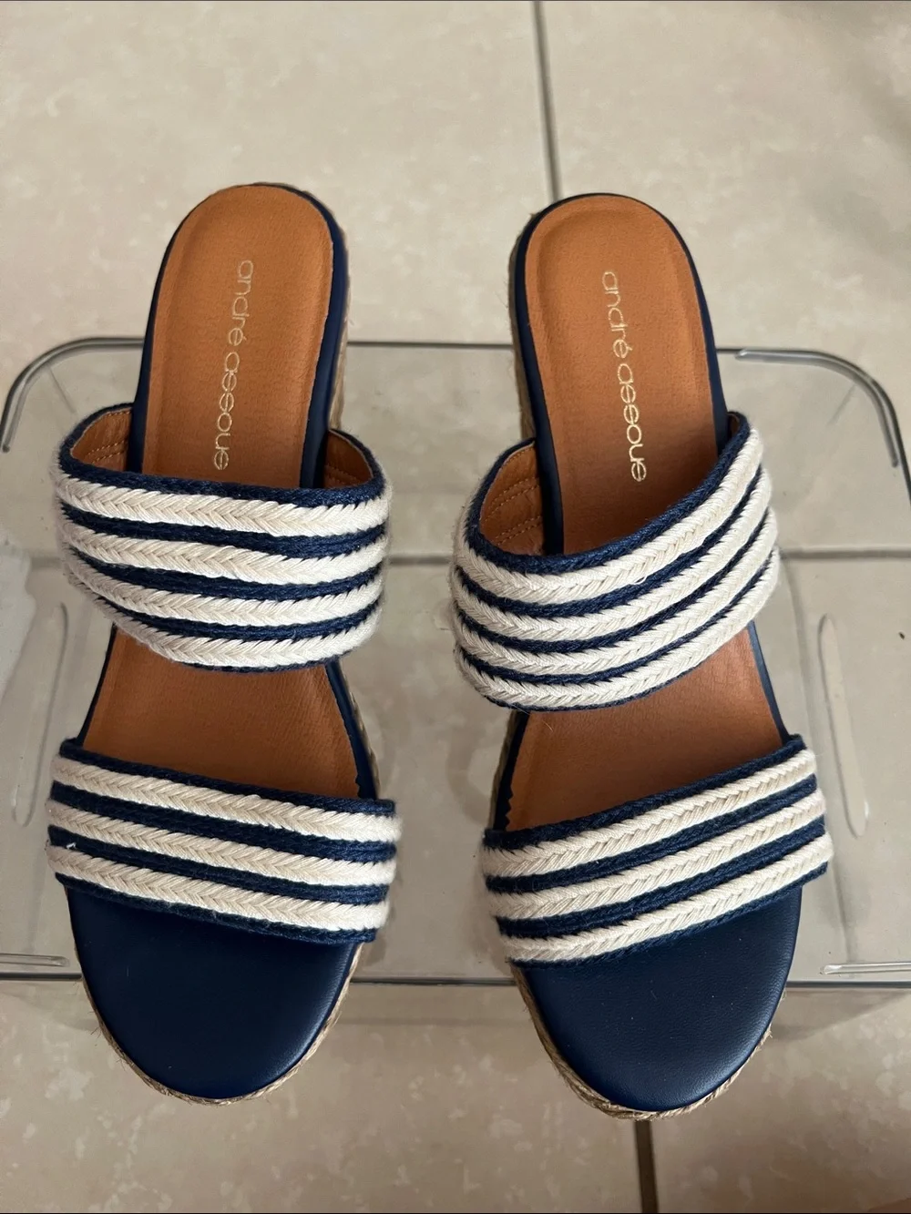 Andre Assous Navy and Cream Striped Wedge Sandals